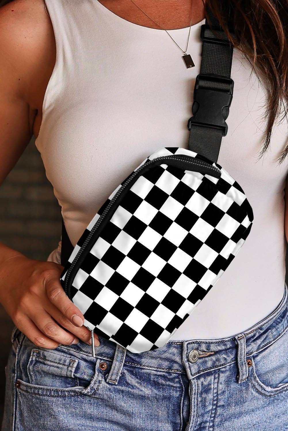 Checkered Print Buckle Wide Belt Crossbody Bag - on the way