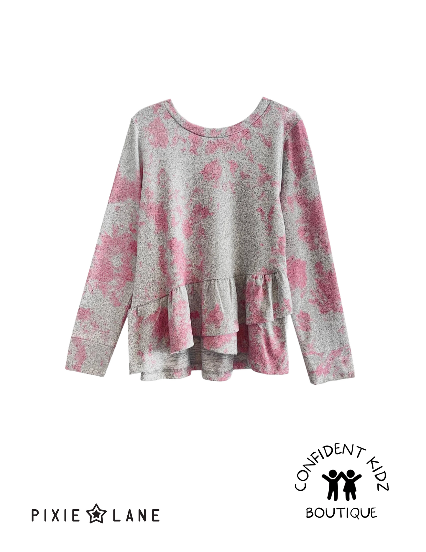 Long Sleeve Asymmetrical Ruffle Hem sweater - Grey / Pink Tie Dye