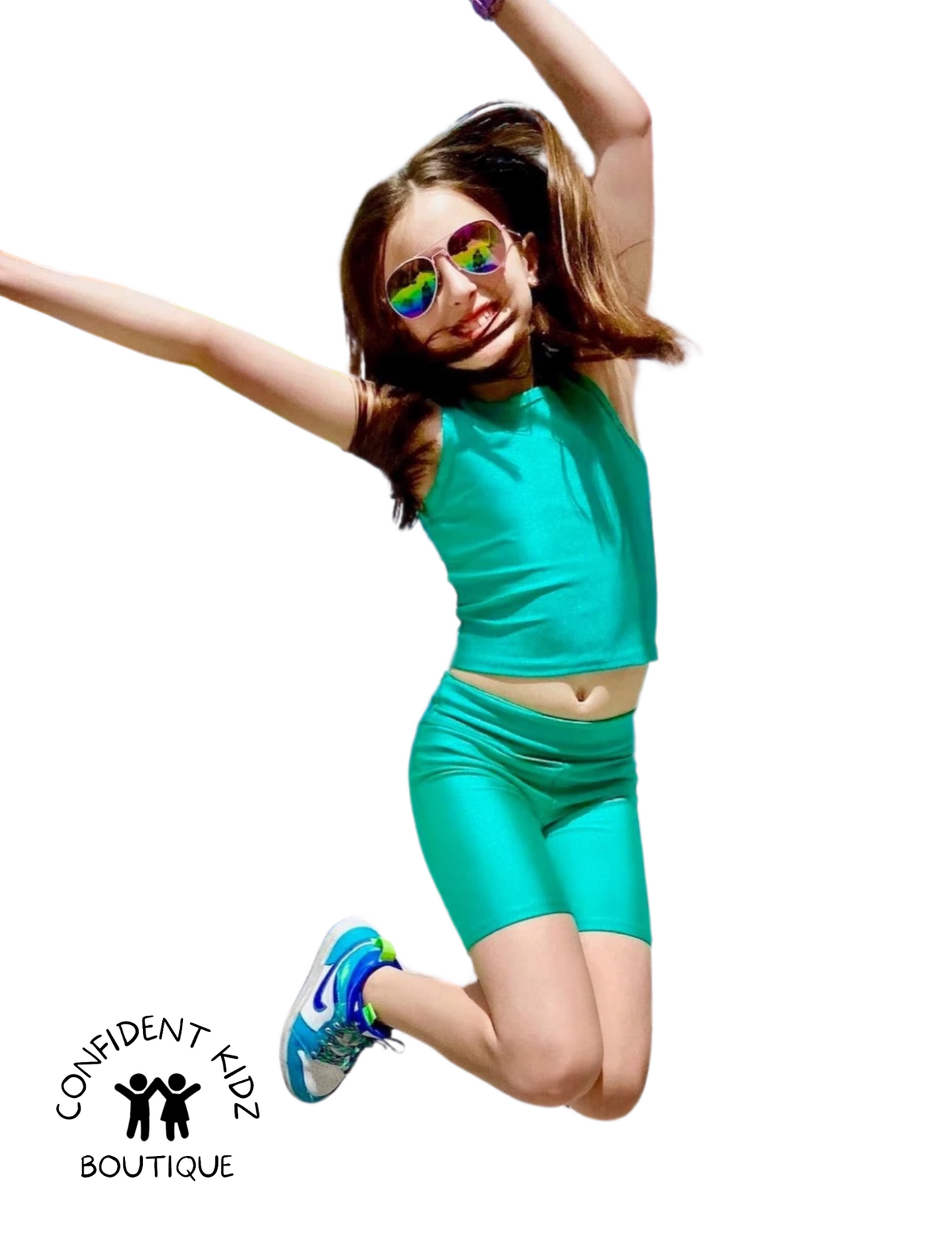 Green High Shine Tank and Biker Shorts Set