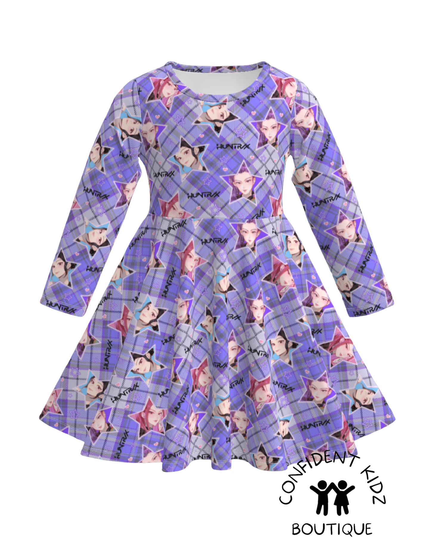 K - P 0 P Purple Plaid Stars Longsleeve Dress