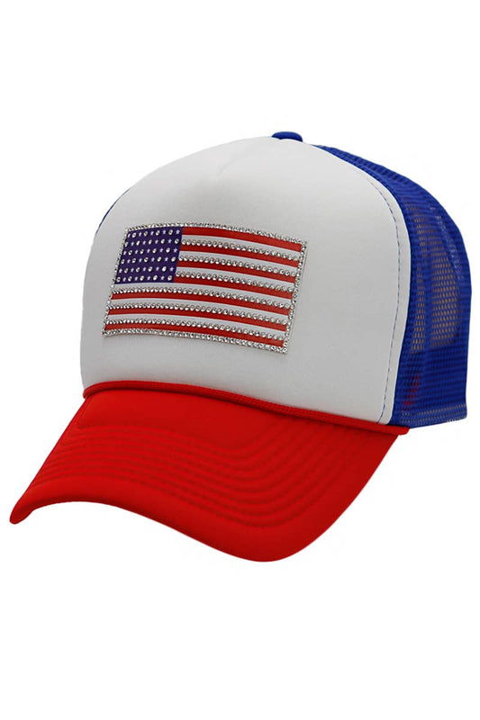 American Flag Bling Rhinestone Patch Classic Trucker Hat