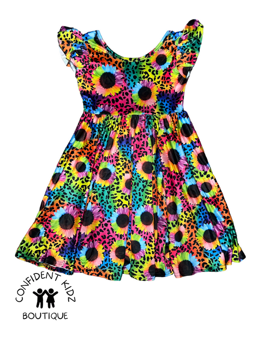 Sunflower Safari Ruffle Sleeve with Back Drop Dress