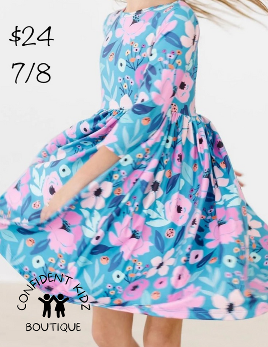 Blue Floral 3/4 Sleeve Twirl Dress