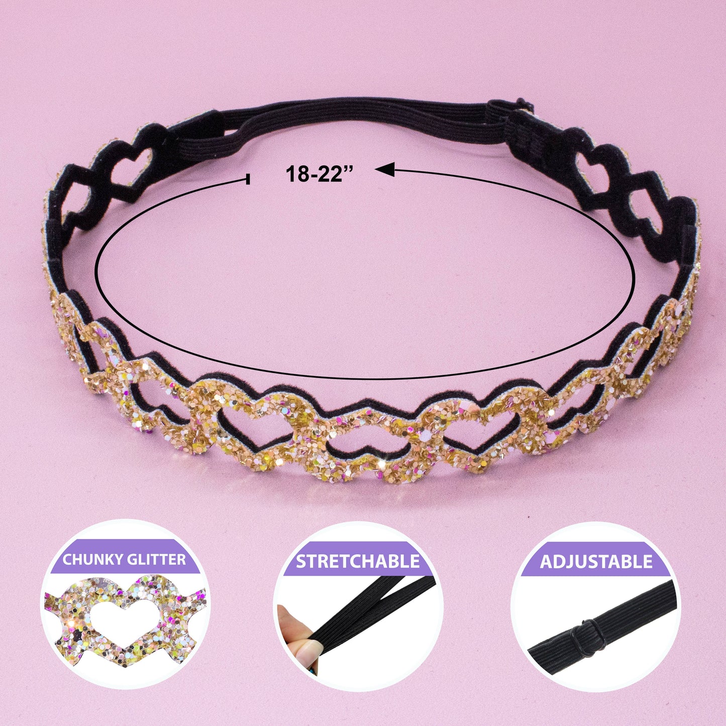 Adjustable No Slip Glitter Heart Headbands