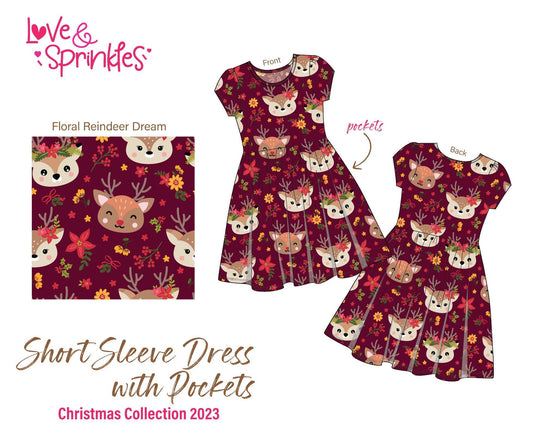 Floral Reindeer Short Sleeve Dress