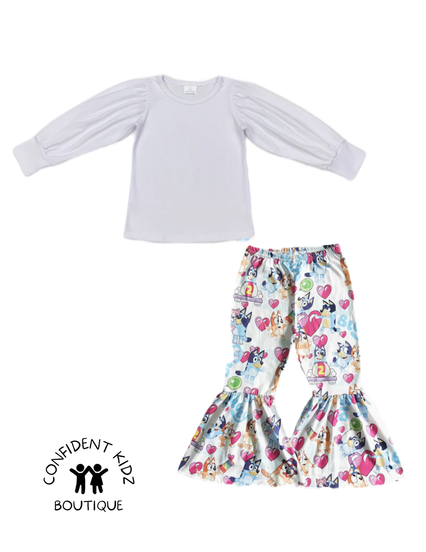White Blue Pups Shirt and Bell Pants Set