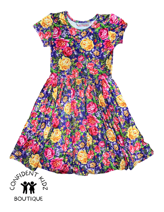 Floral Fiesta Short Sleeve Cap Dress with Pockets