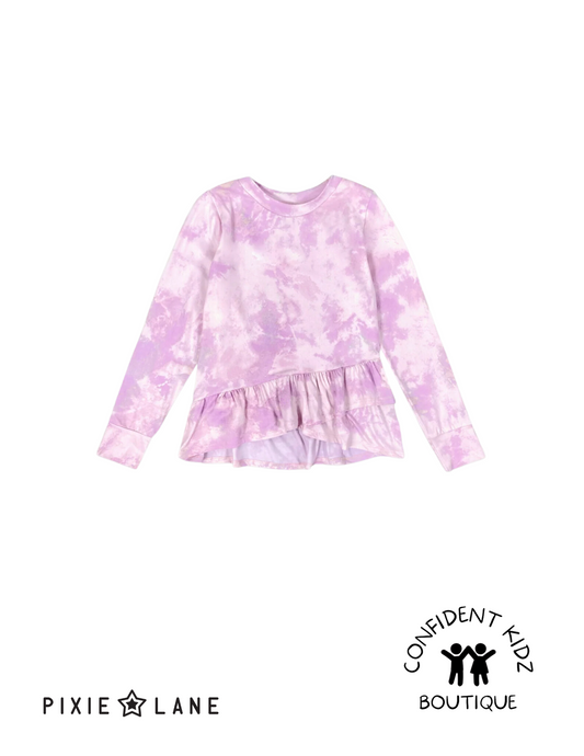 Simply Soft Long Sleeve Asymmetrical Ruffle Hem Top - Lavender Tie Dye