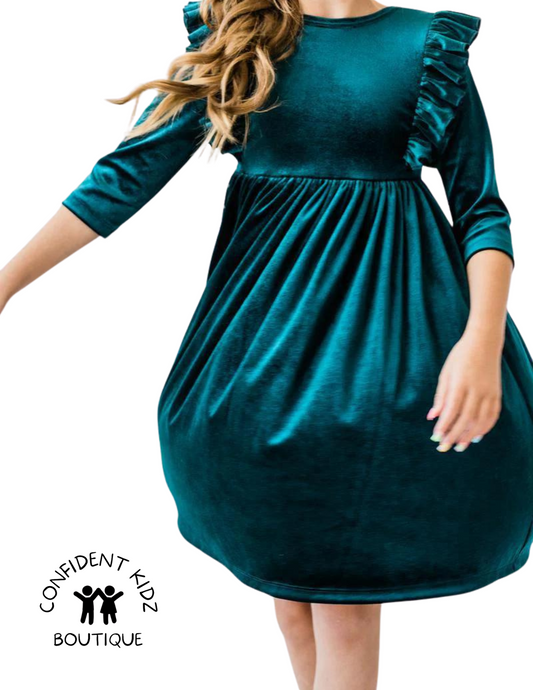 Teal Velvet Ruffle Dress