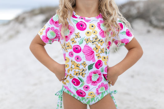 Olivia Green Pink Floral Rash Guard Swimsuit