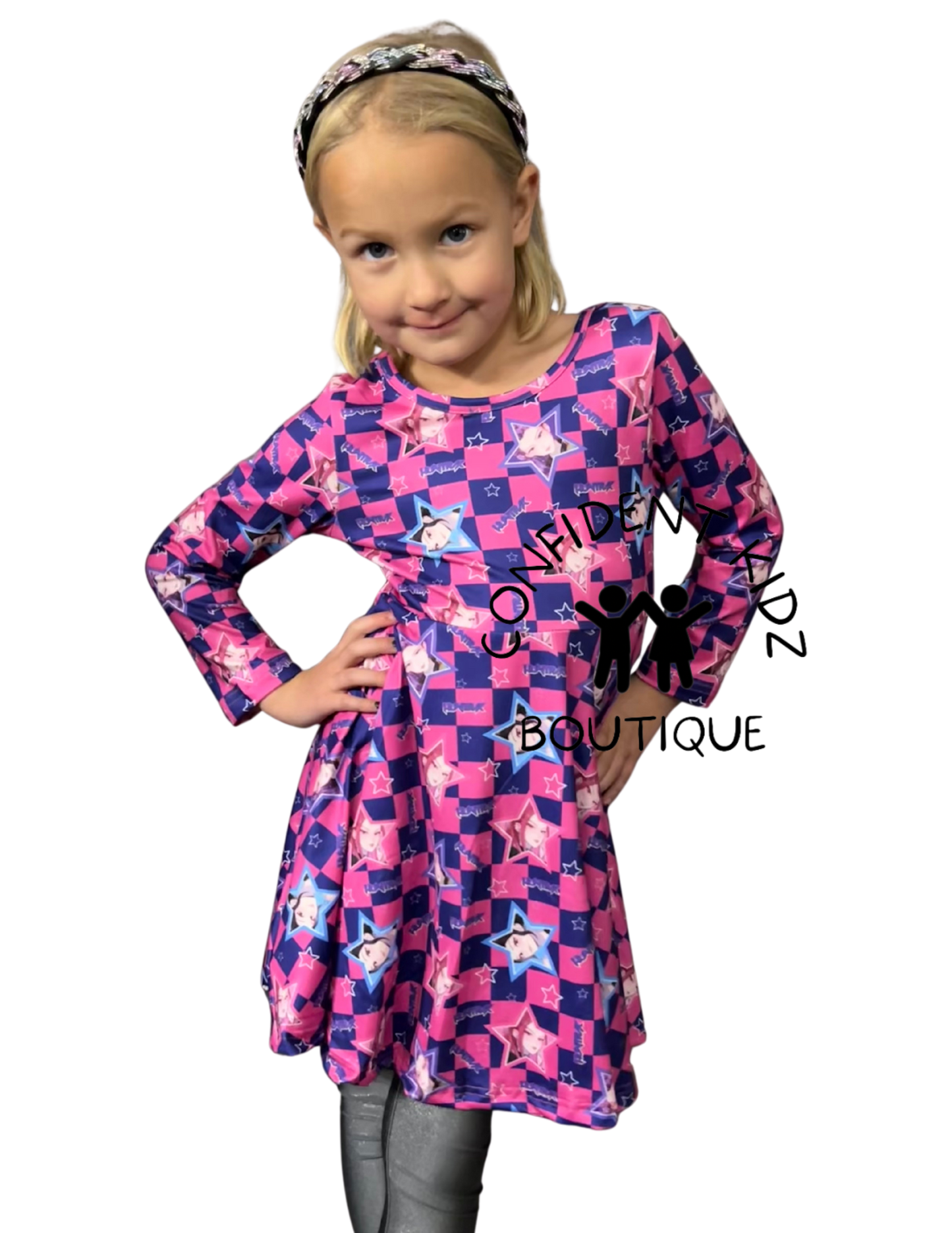 K - P 0 P Pink Plaid Long Sleeve Twirl Dress