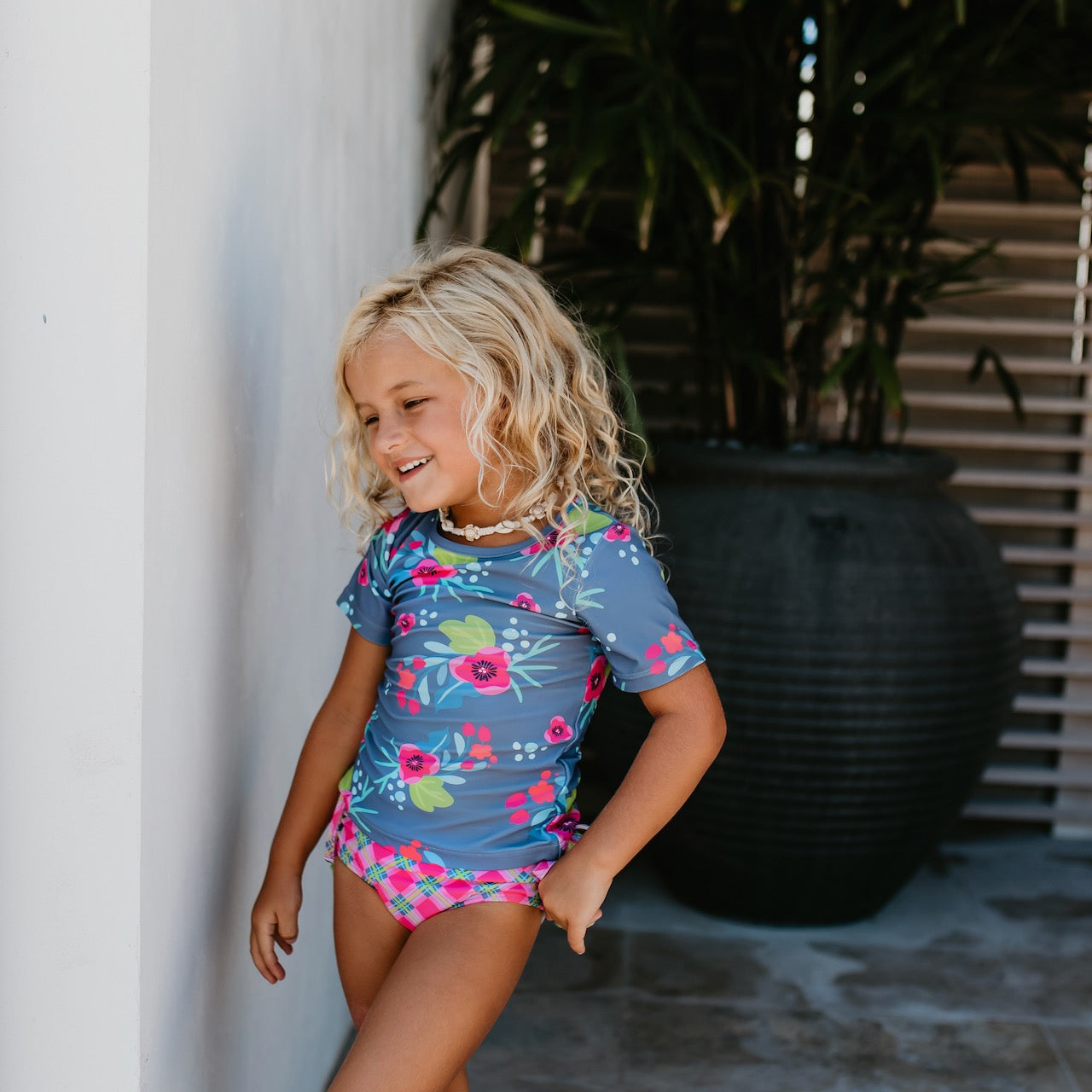Sophie Gray and Green Floral Rash Guard Swimsuit