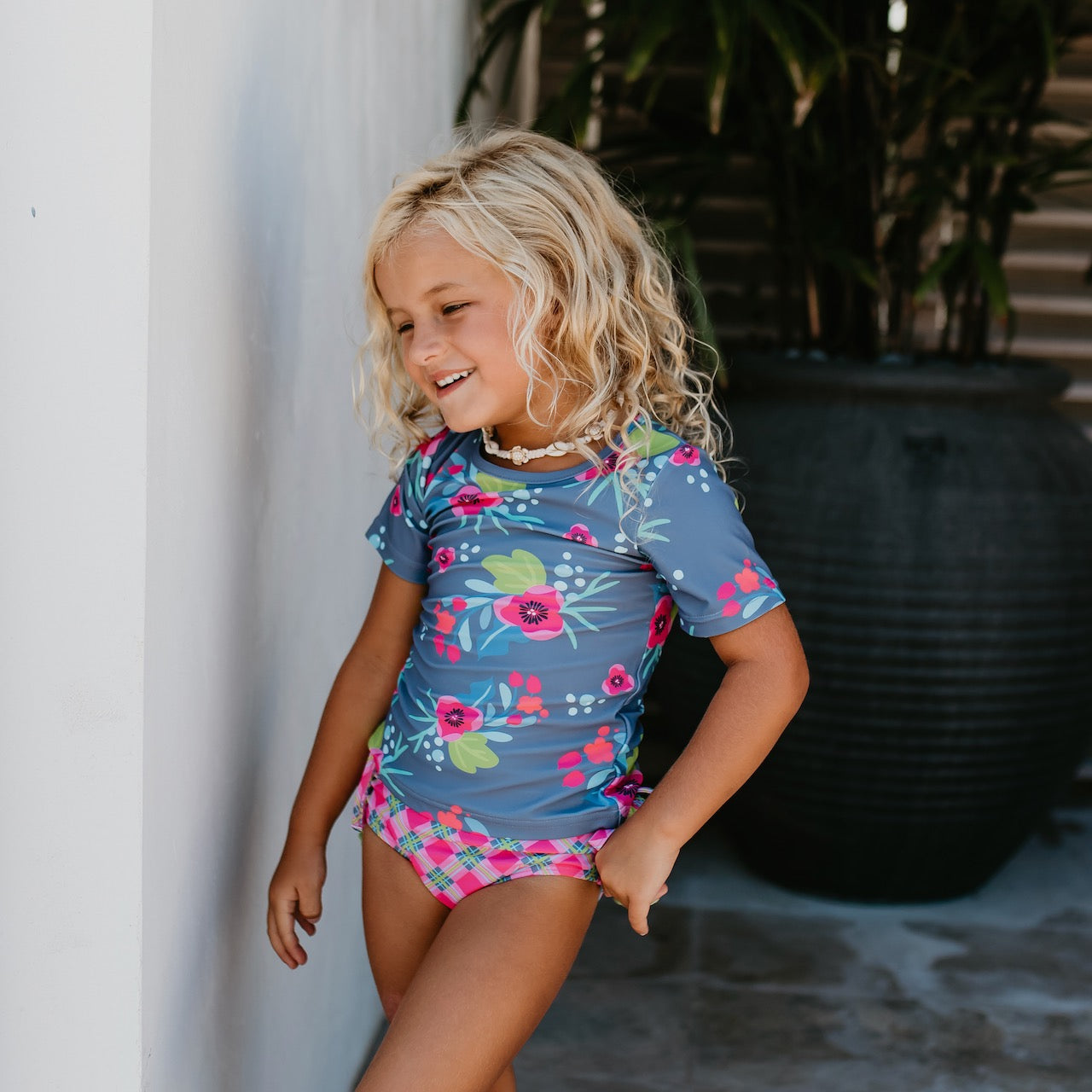 Sophie Gray and Green Floral Rash Guard Swimsuit