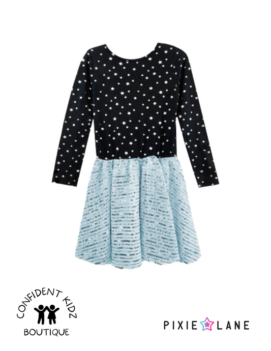 Simply Soft Long Sleeve Be Happy Dress - Foil Stars Blue