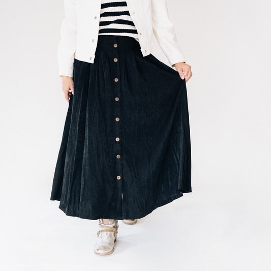 Belted Black Maxi Skirt With Buttons- Women