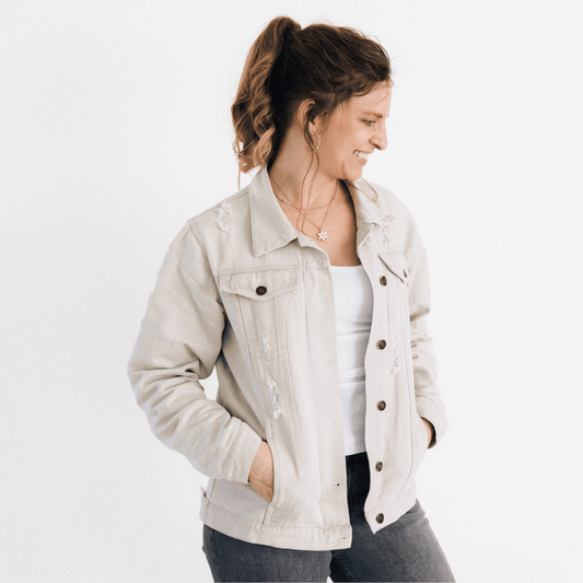 Khaki Distressed Denim Jean Jacket - Adult